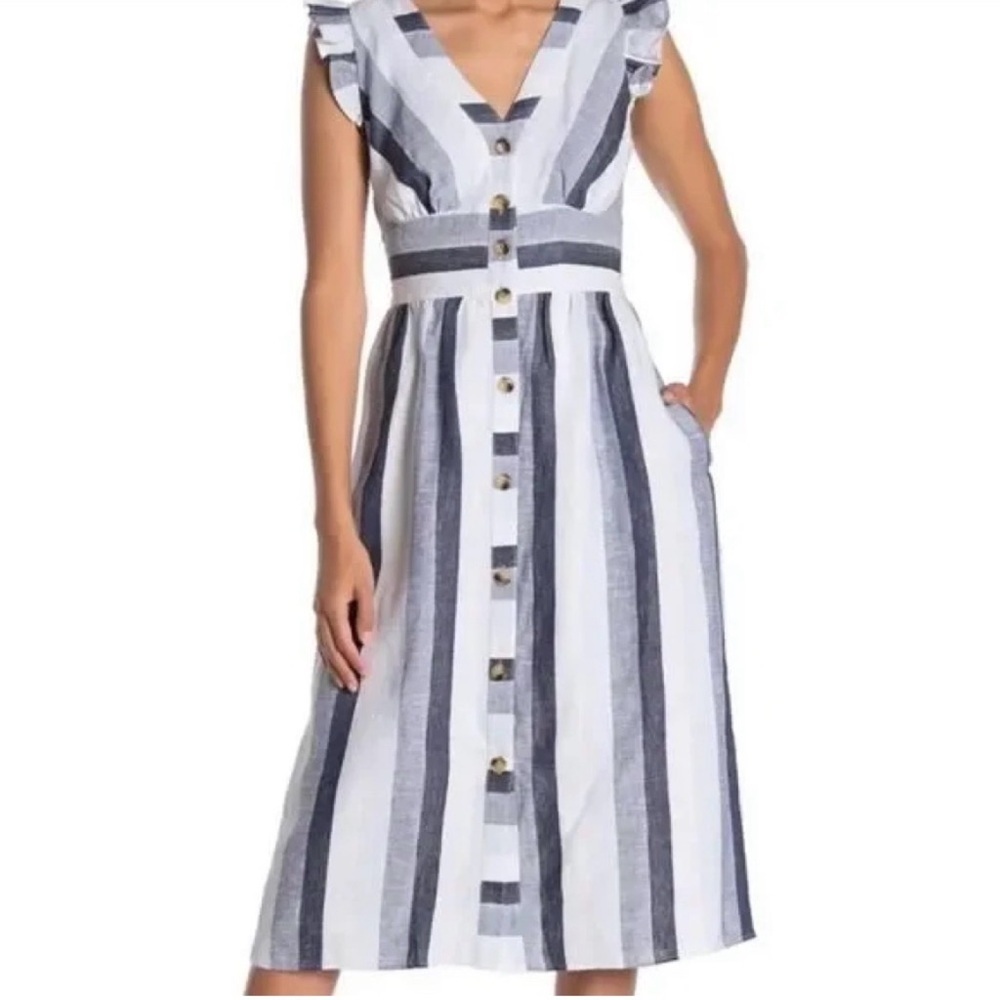 J Crew Point Sur Indigo Striped 100% Linen Midi Dress Button Resort Women’s US 6